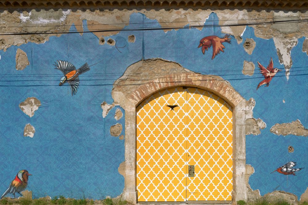 Jimmy Richer, Libres oiseaux du Sommail, 2017, mural. Réalisé avec le soutine du ministère de la Culture et la participation du Grand Narbonne