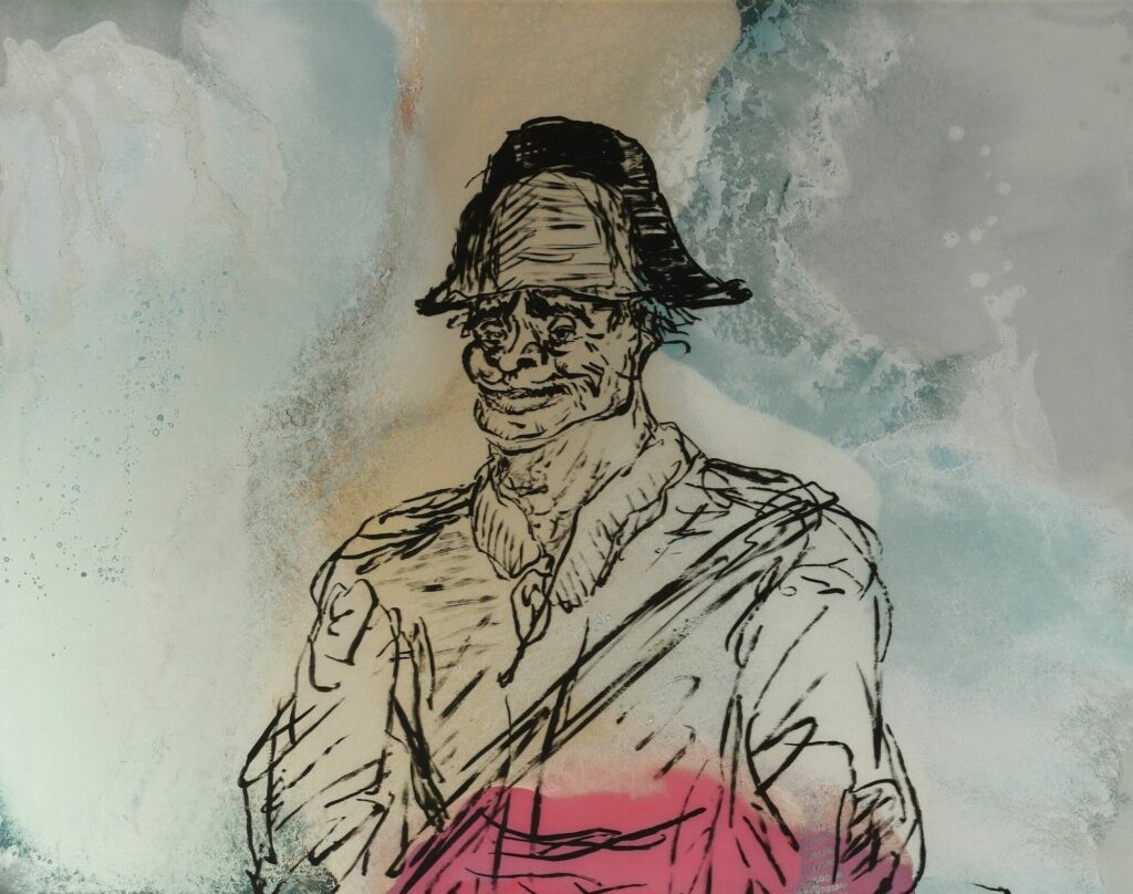 Jean-Marc Cerino, Personnage du Valais suisse (Anonyme du XIXe siècle), 2014, peinture à huile sur verre, 202 x 132 cm (détail) - Collection Frac Occitanie Montpellier. Photo Pierre Schwartz
