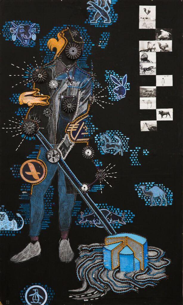 Anna Solal, La Balayeuse (détail), 2023, dessin : collage, pommeau de douche, papier, papier métallisé, images imprimées, crayons de couleur, corde, colle, 200 x 120,5 x 3,5 cm. Photo Élise Ortiou Campion - © Adagp, Paris 2024