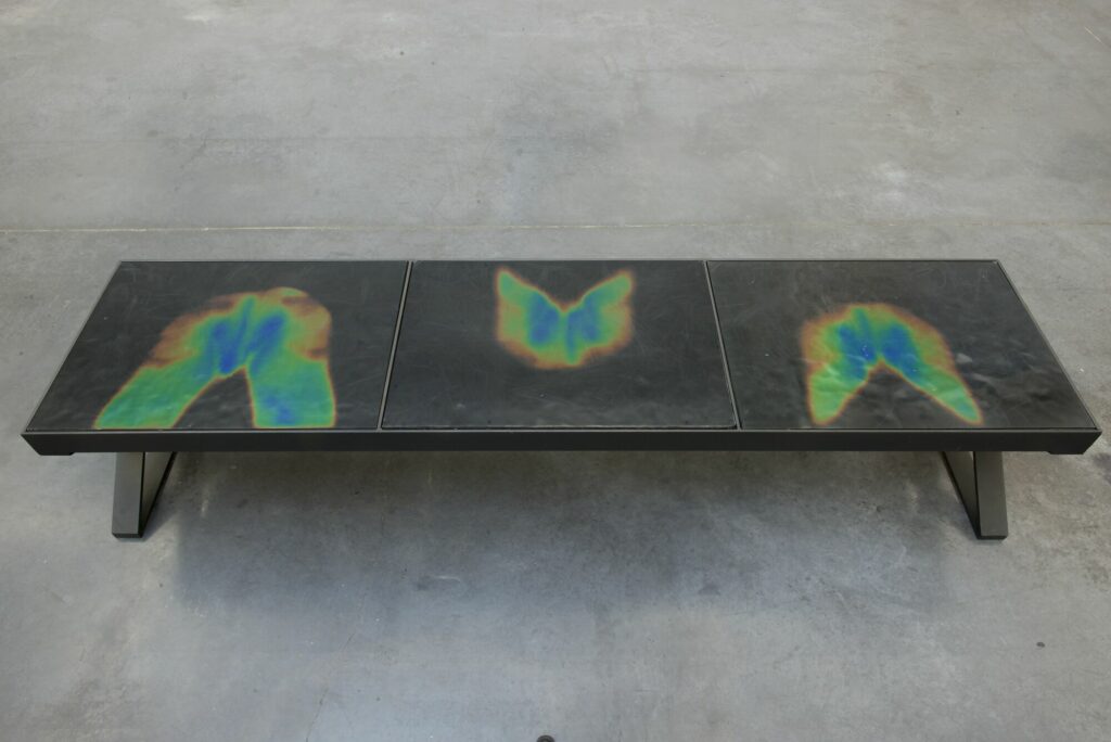Ann Veronica Janssens, Le Banc, 1999, métal, médium, laque cristal et film plastique, 40 x 207 x 48 cm - Collection Frac Occitanie Montpellier. Photo Pierre Schwartz. © Adagp, Paris 2025